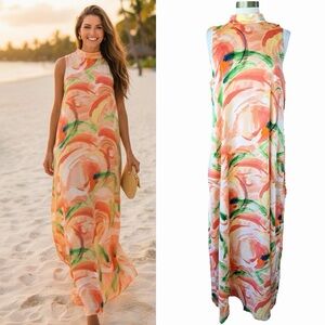 Nicole Miller Peach Orange Green Abstract Maxi Dress Size L